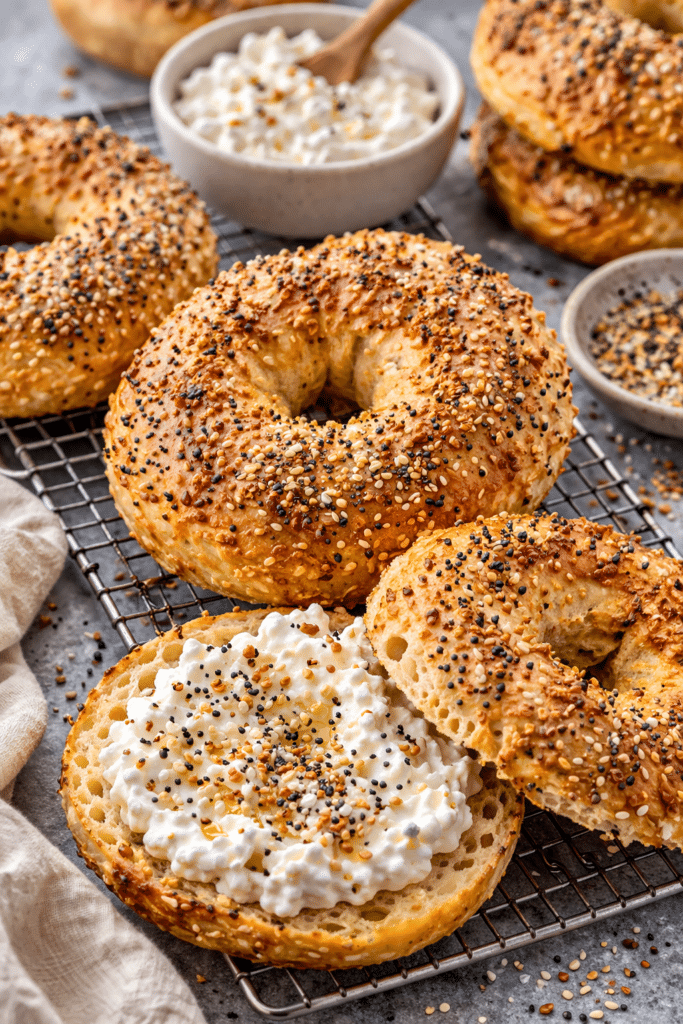 protein bagels with cottage cheese soft chewy texture close up