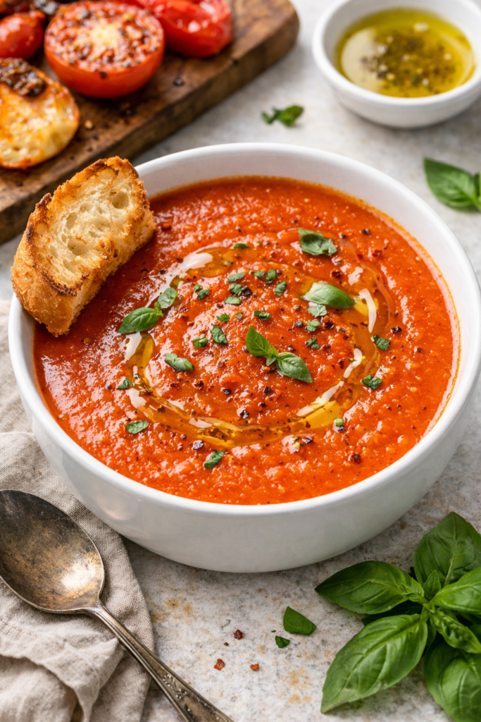 tomato red pepper soup in a bowl with olive oil drizzle and fresh basil