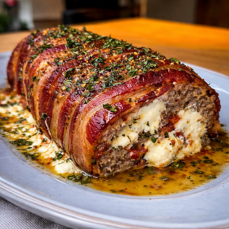Bacon Wrapped Meatloaf (Stuffed with Mozzarella)
