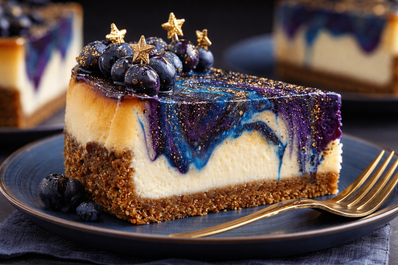 Ravenclaw Midnight Blueberry Cheesecake with blueberry swirl and graham cracker crust