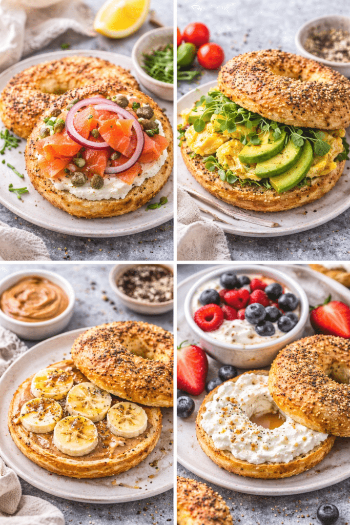 different ways to serve protein bagels with cottage cheese including avocado eggs peanut butter and berries