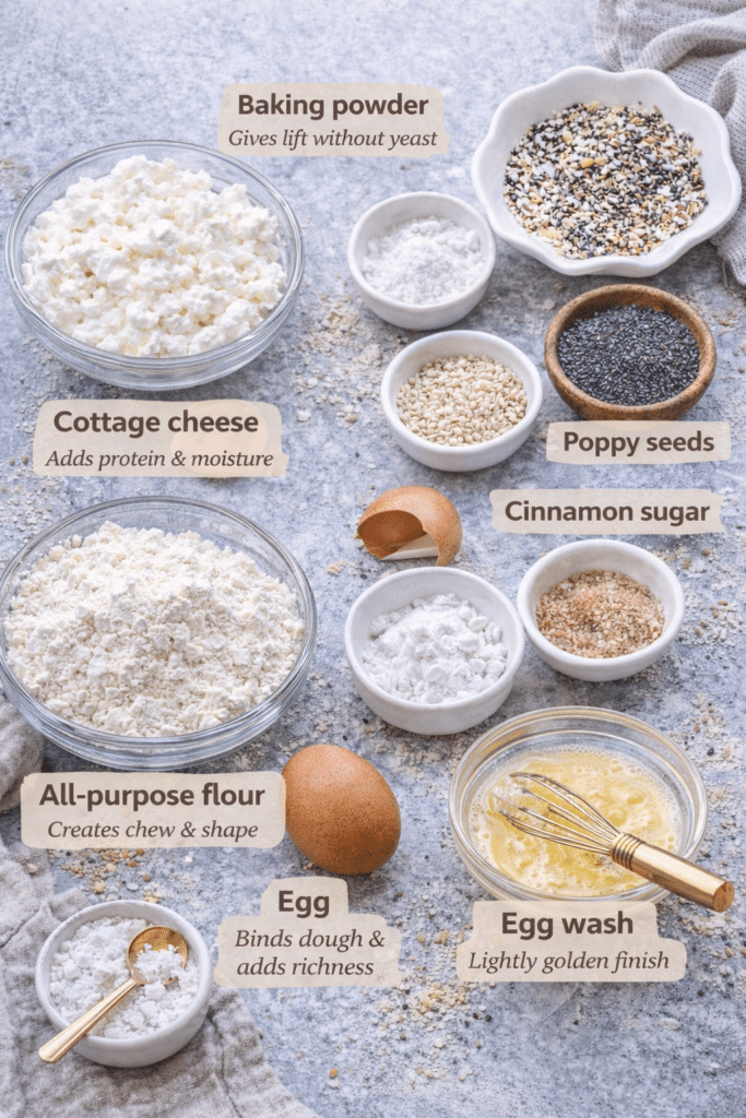 cottage cheese protein bagels ingredients including flour egg baking powder and toppings