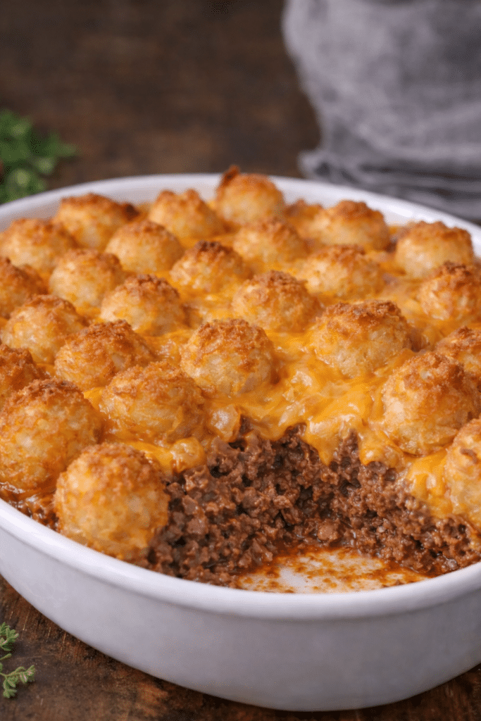 tater tot casserole with ground beef baked with crispy tater tots and melted cheese