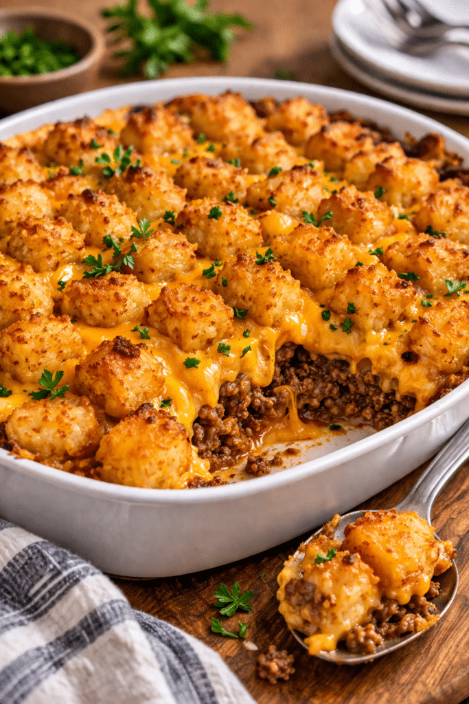 tater tot casserole with ground beef baked in a dish with crispy tater tots and melted cheese on top