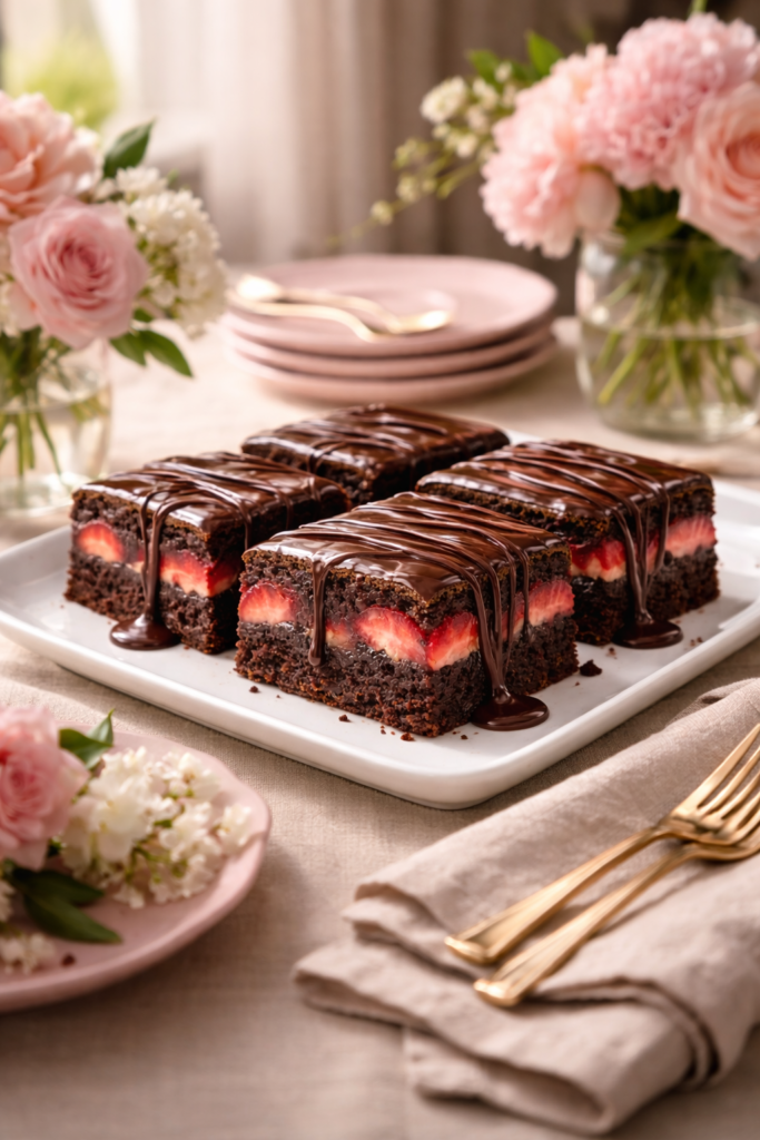 Chocolate Strawberry Brownies served as a Mother’s Day dessert centerpiece