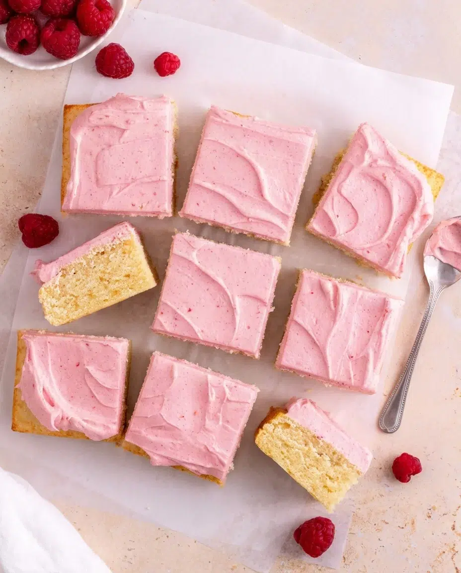 Almond-Raspberry-Cake-9-scaled.jpg Squares of pink raspberry-frosted cake arranged on parchment with fresh raspberries nearby.