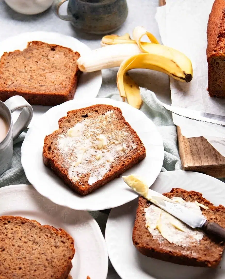 Banana-bread_1.jpg Slices of banana bread on plates with butter and a banana peel nearby