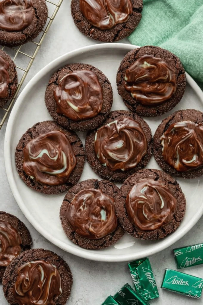 andes mint chocolate cookies dough with mint chocolate pressed on warm cookies