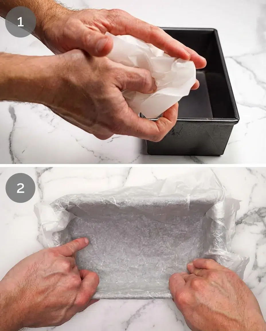 Two-panel shot of hands lining a loaf pan with parchment paper on a marble countertop.