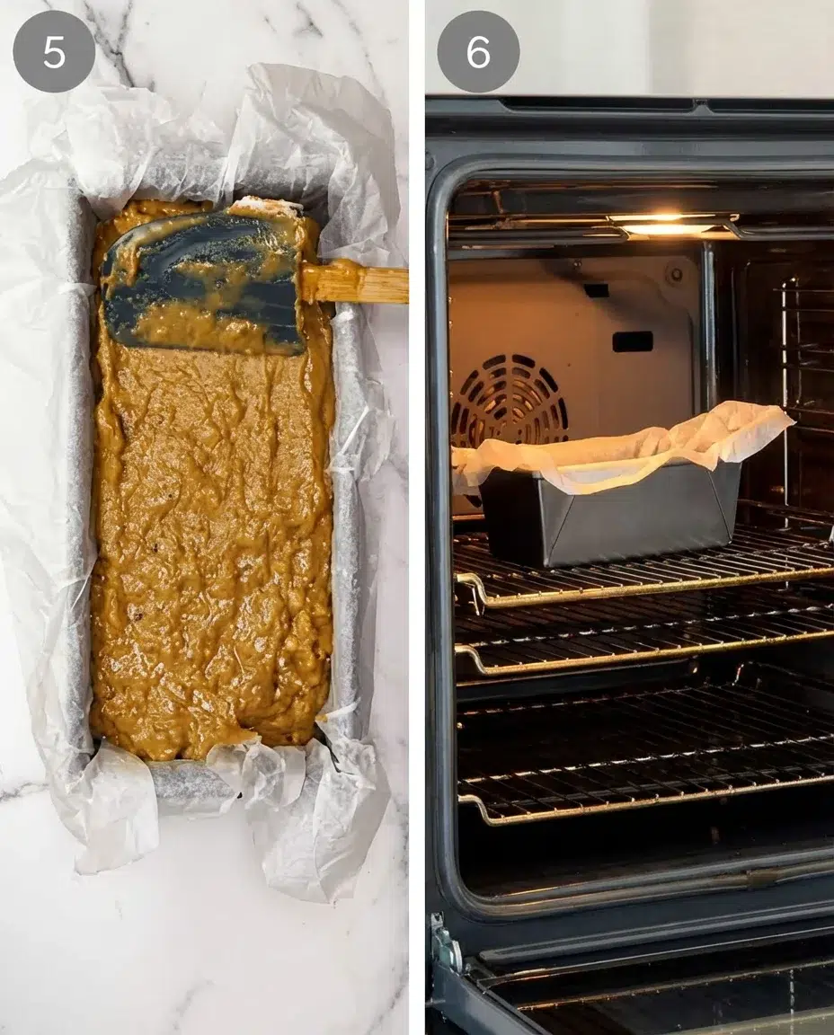 Two-panel image showing batter in parchment-lined loaf pan and the pan placed inside the oven.