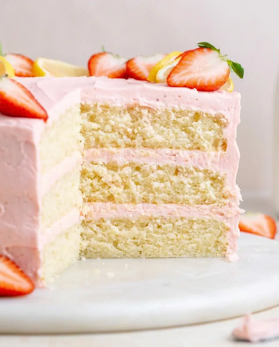 Strawberry-Lemon-Cake-18-3-scaled.jpg three-layer vanilla cake with pink frosting and strawberry garnish on a marble board