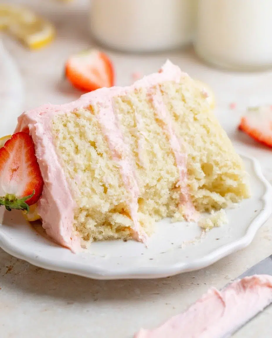 Strawberry-Lemon-Cake-19-2-scaled.jpg Slice of vanilla cake with pink frosting on a white plate, with a strawberry beside it