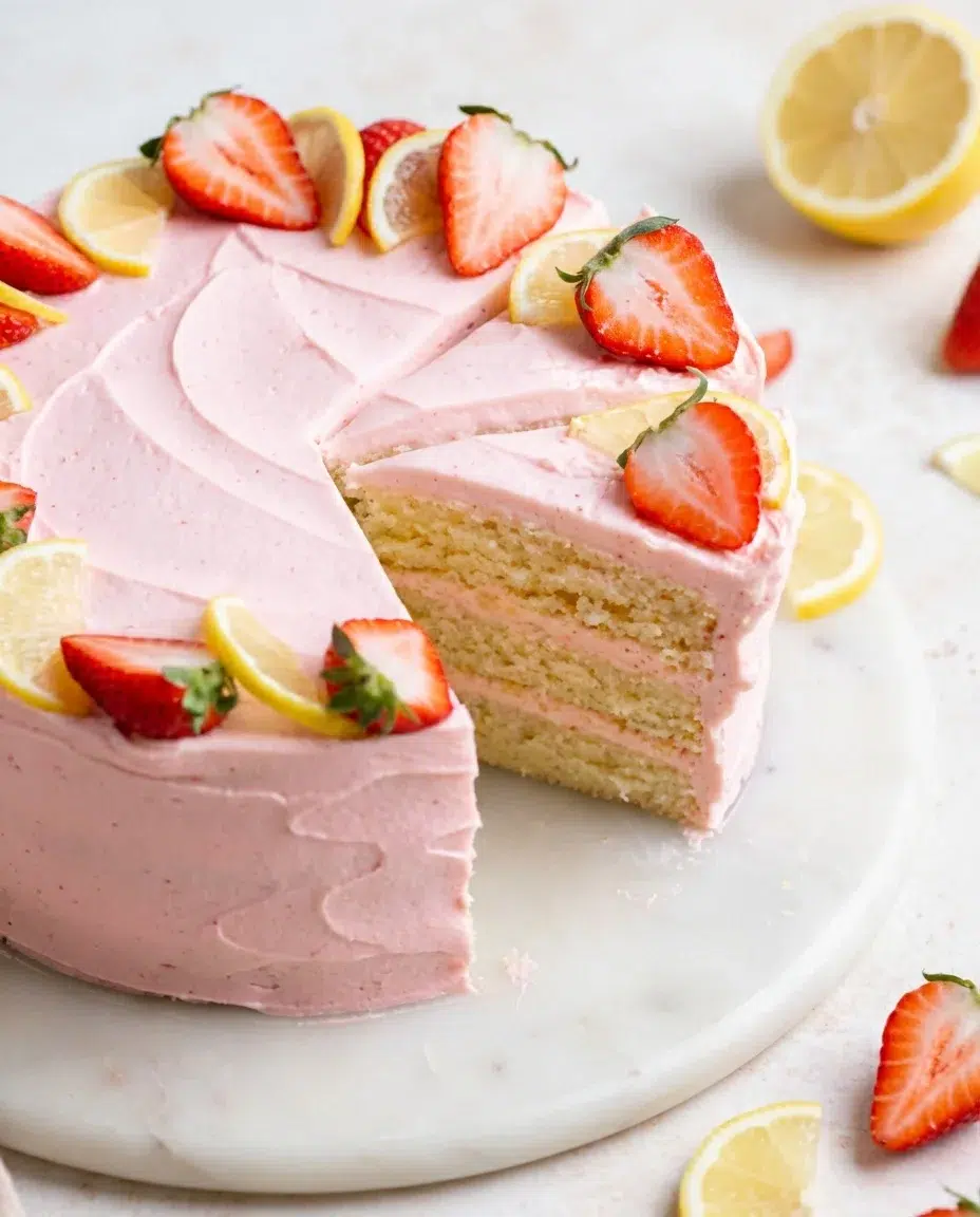 Strawberry-Lemon-Cake-7-3-360x360.jpg Pink strawberry-frosted cake with sliced strawberries and lemon wedges on top