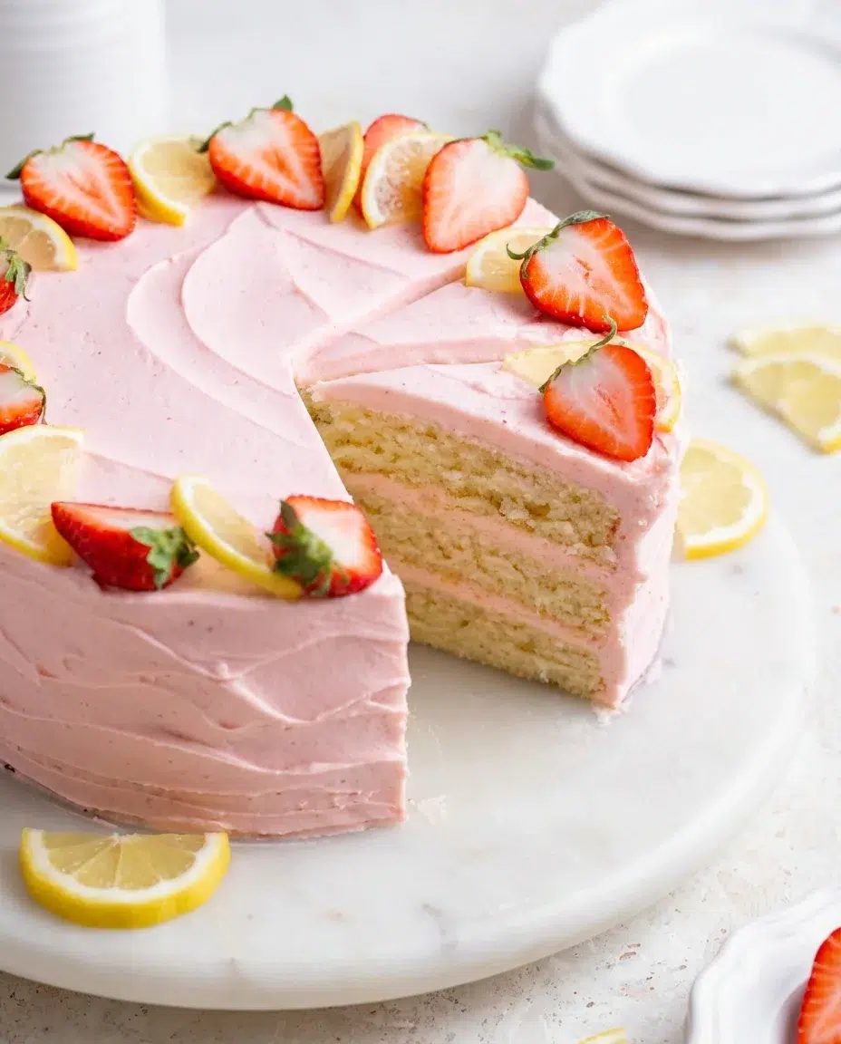 Strawberry-Lemon-Cake-7-3-scaled.jpg Pink frosted cake topped with strawberry slices and lemon wedges on a white marble plate