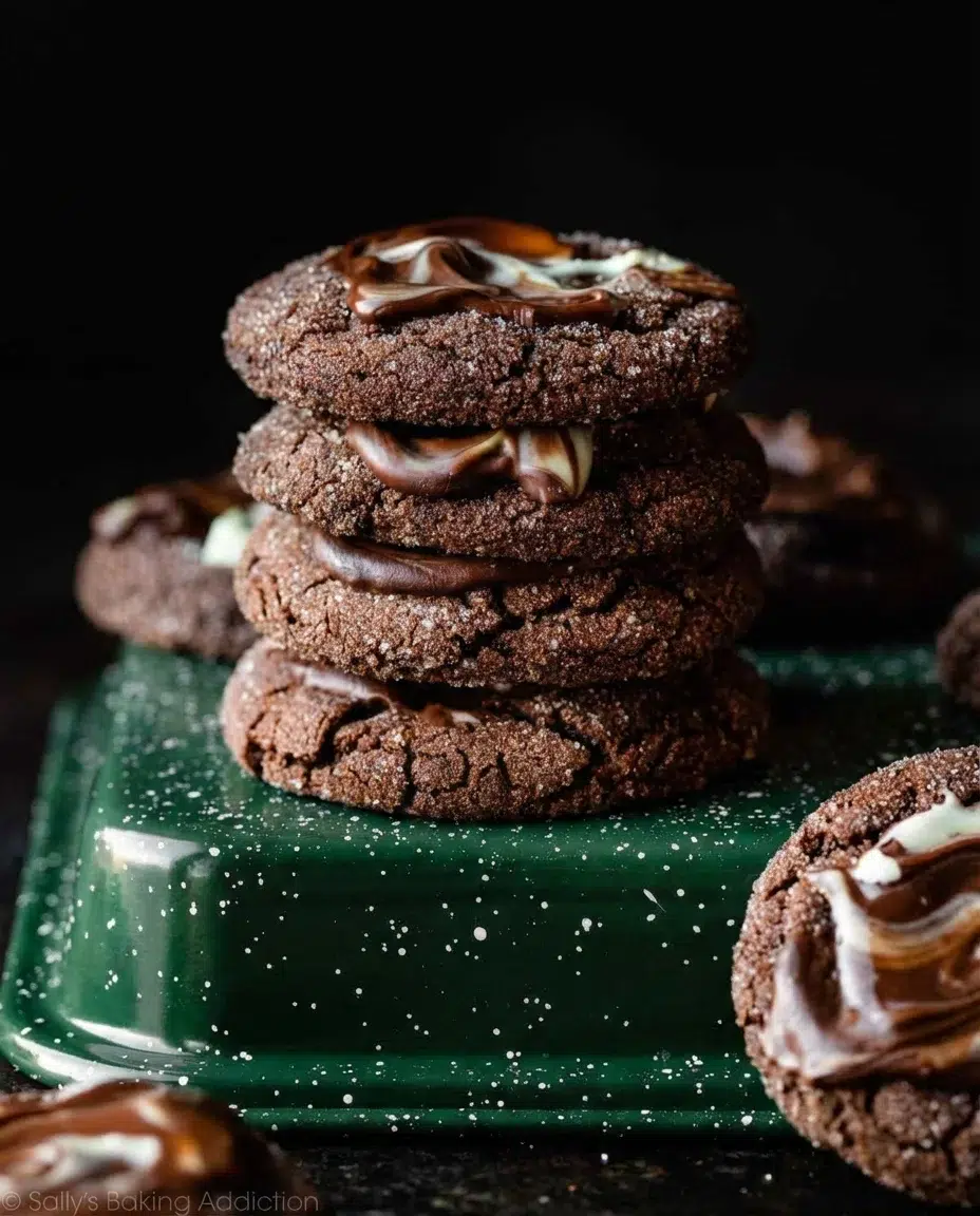 andes-chocolate-mint-frosted-cookies.jpg Stack of four dark chocolate cookies with marbled cream filling on a green speckled stand.