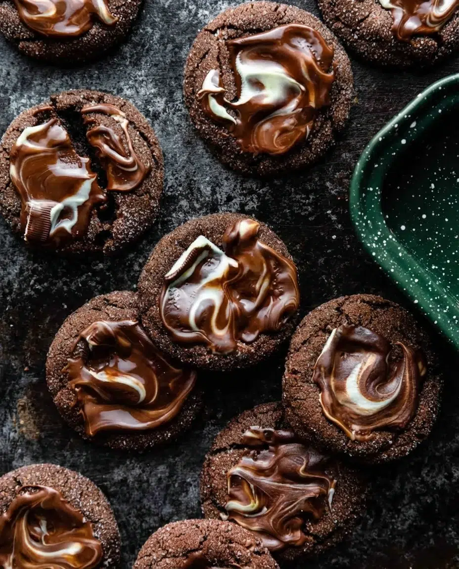 andes-mint-chocolate-cookies-2-600x900.jpg Top-down view of round chocolate cookies with glossy milk and white chocolate swirls on a dark textured surface.