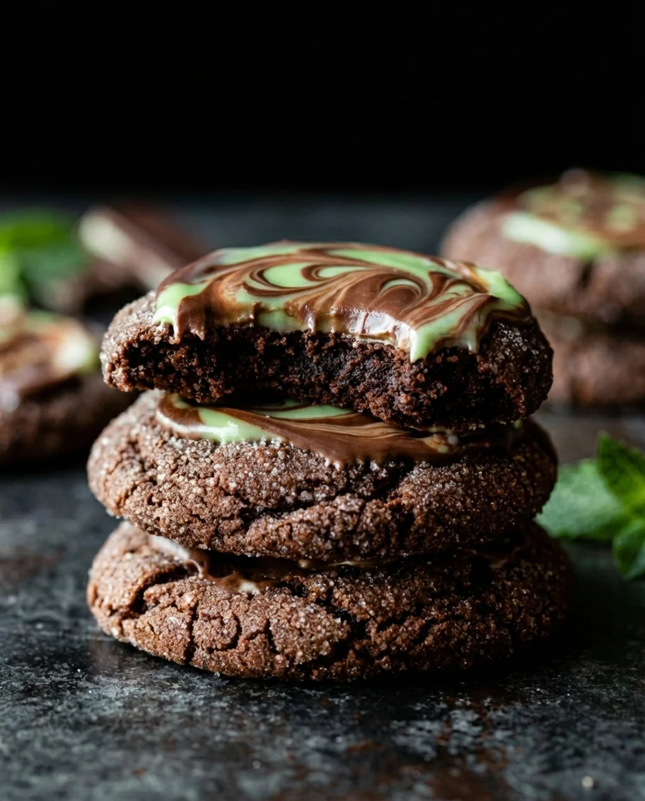 andes-mint-frosted-chocolate-cookies-2-600x900.jpg Stack of fudgy chocolate cookies with swirled chocolate topping on a dark surface.