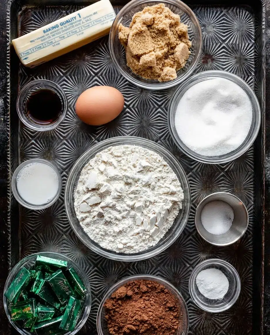 andes-mints-cocoa-powder-sugar-brown-sugar-flour-ingredients.jpg top-down view of labeled baking ingredients arranged on a dark patterned tray