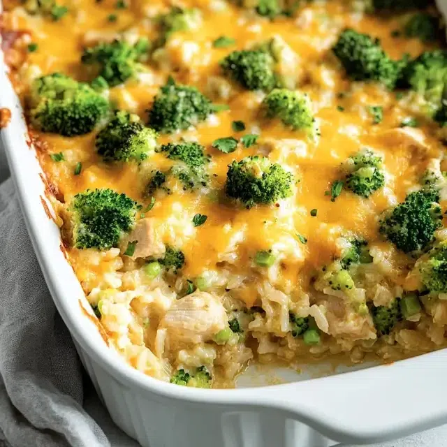 Delicious baked casserole with chicken, broccoli, and cheesy rice topped with crispy crackers