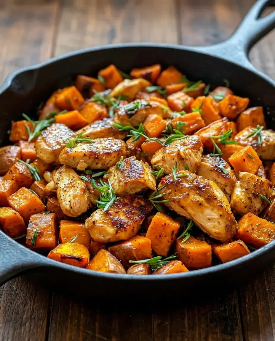 chicken-and-sweet-potato-skillet-2.webp roasted chicken and sweet potatoes with rosemary garnish in a skillet