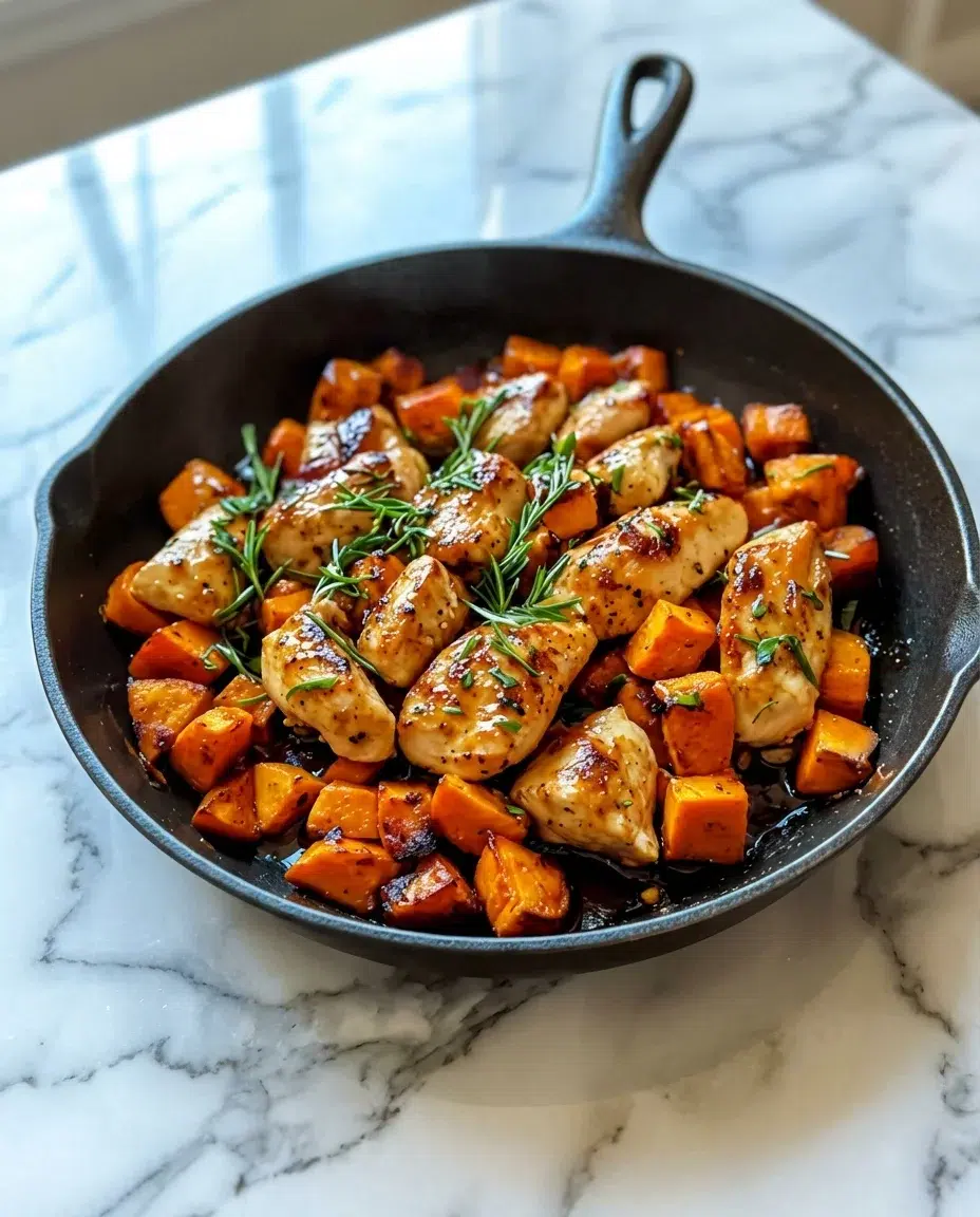 chicken-and-sweet-potato-skillet-300x300.webp Skillet with browned sausage and orange sweet potatoes topped with rosemary