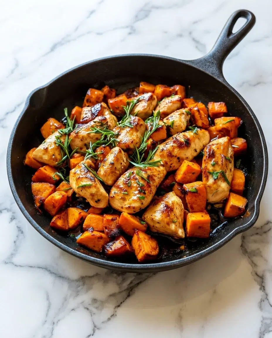 Skillet roasted chicken and sweet potato chunks with rosemary garnish