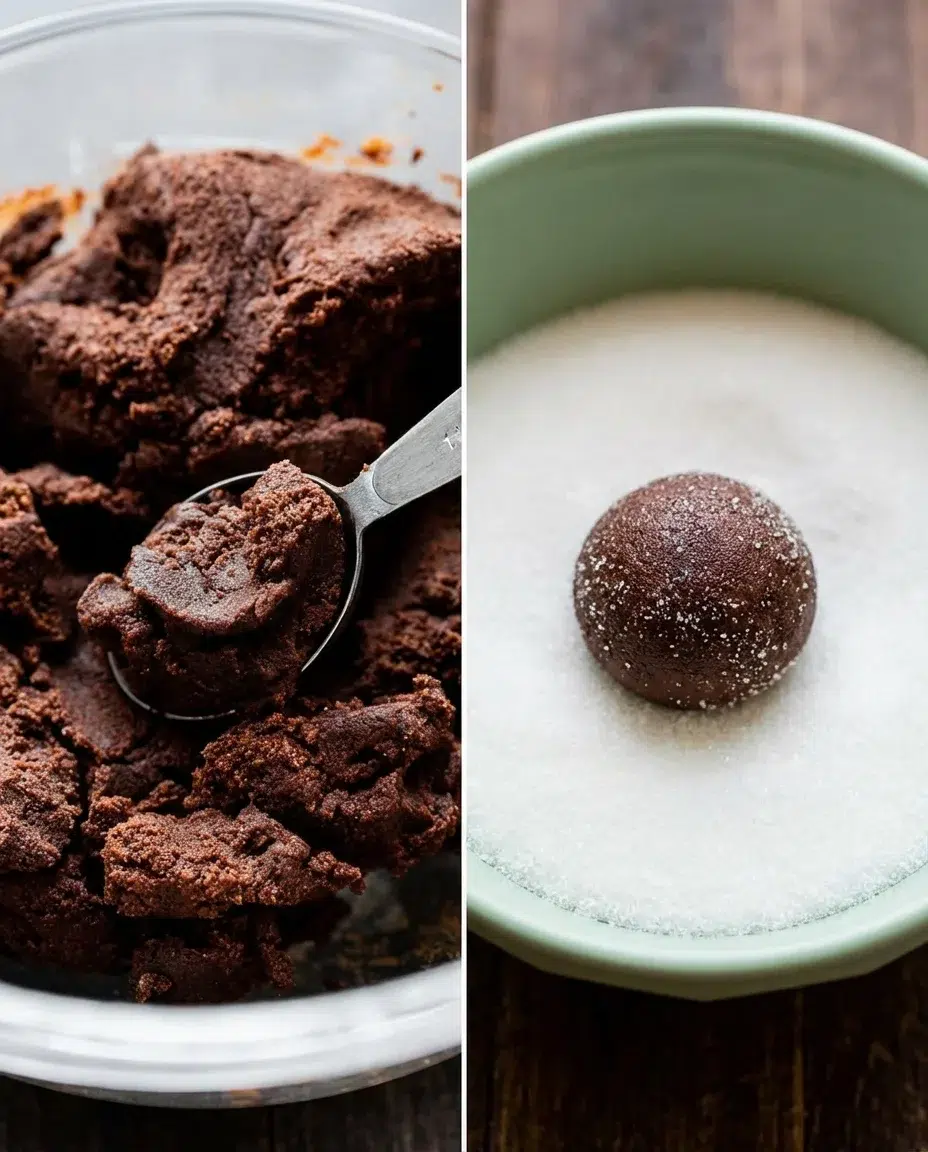 chocolate-cookie-dough-being-rolled-in-sugar.jpg Left: dark chocolate dough with a measuring spoon; right: green bowl of sugar and a sugared dough ball.