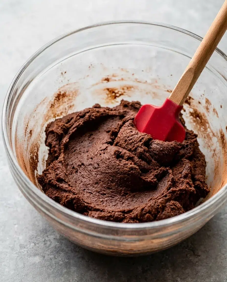 chocolate-cookie-dough-in-glass-bowl-with-spatula.jpg Close-up of chocolate cookie dough in a glass bowl with a red spatula.