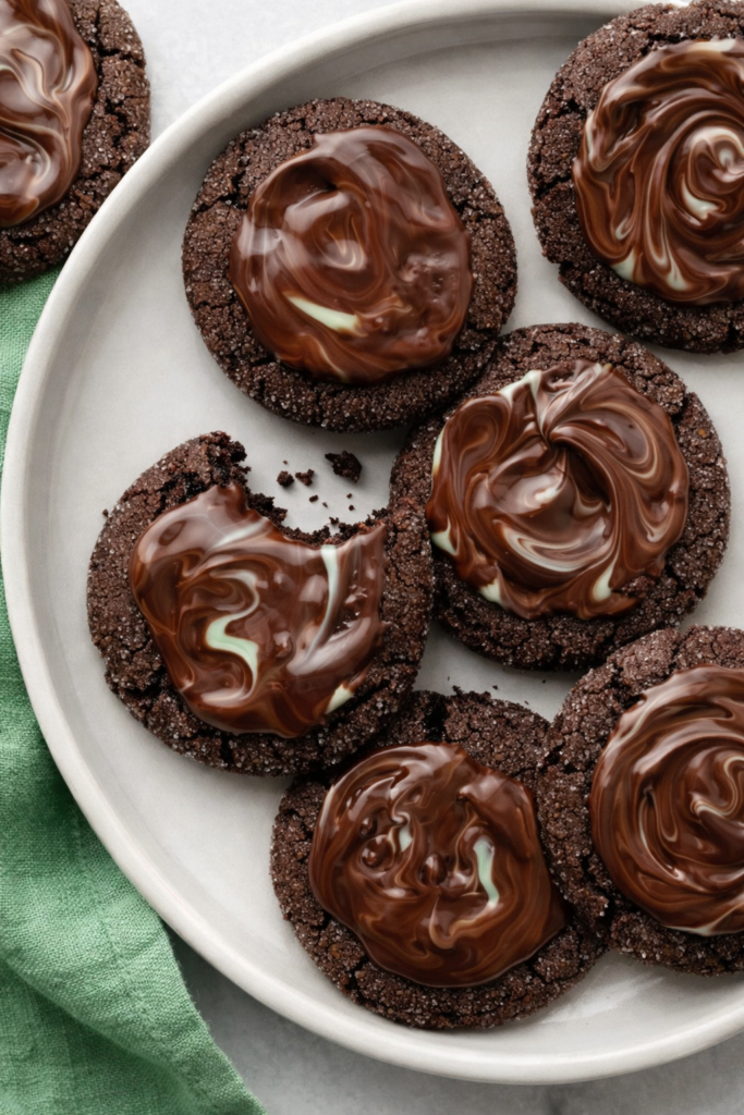 Close-up of fudgy chocolate cookies with marbled mint-cream topping on a white plate