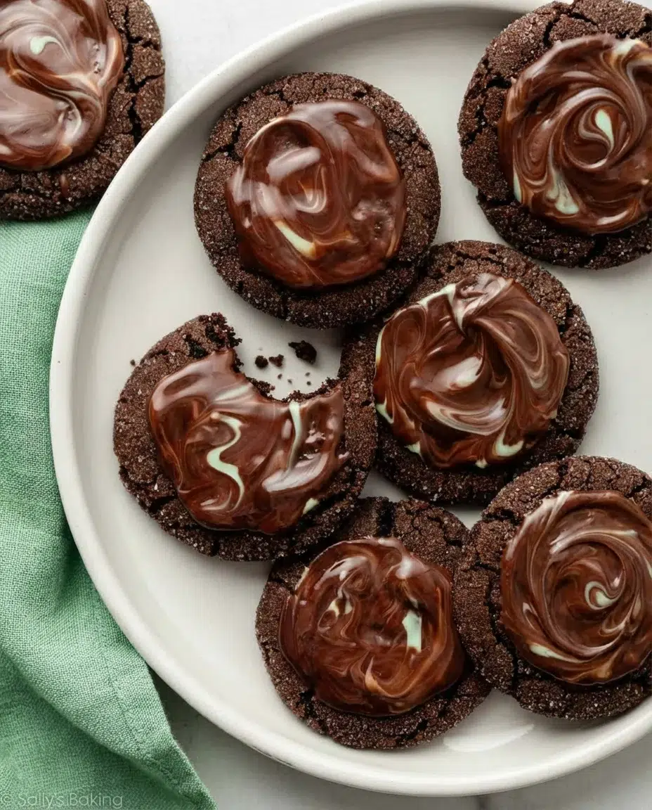 chocolate-mint-andes-cookies-2.jpg Close-up of fudgy chocolate cookies with marbled mint-cream topping on a white plate