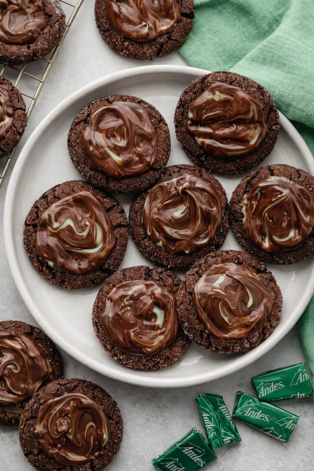 andes mint chocolate cookies with melted mint chocolate swirl on top soft fudgy texture
