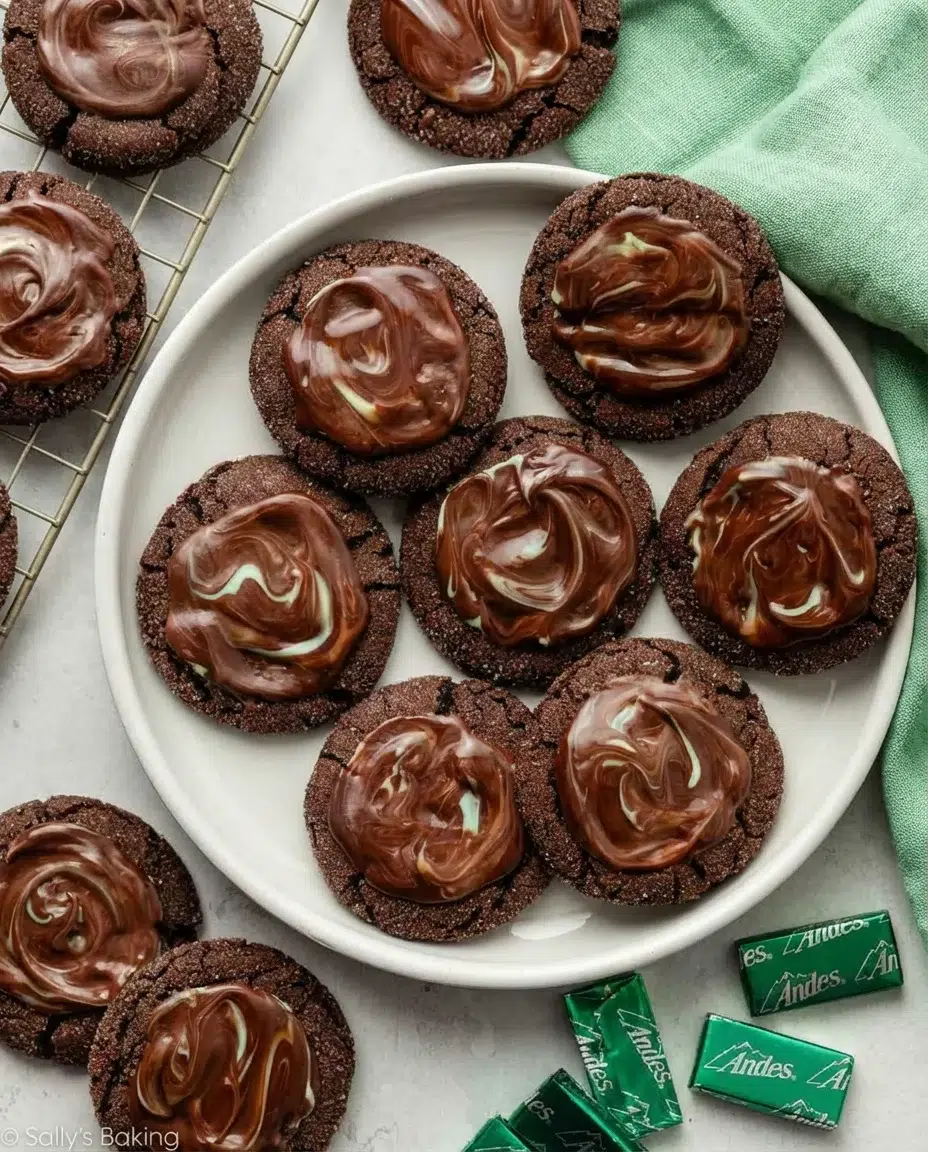 chocolate-mint-andes-cookies.jpg Round fudgy chocolate cookies with glossy marbled chocolate swirls on a white plate.
