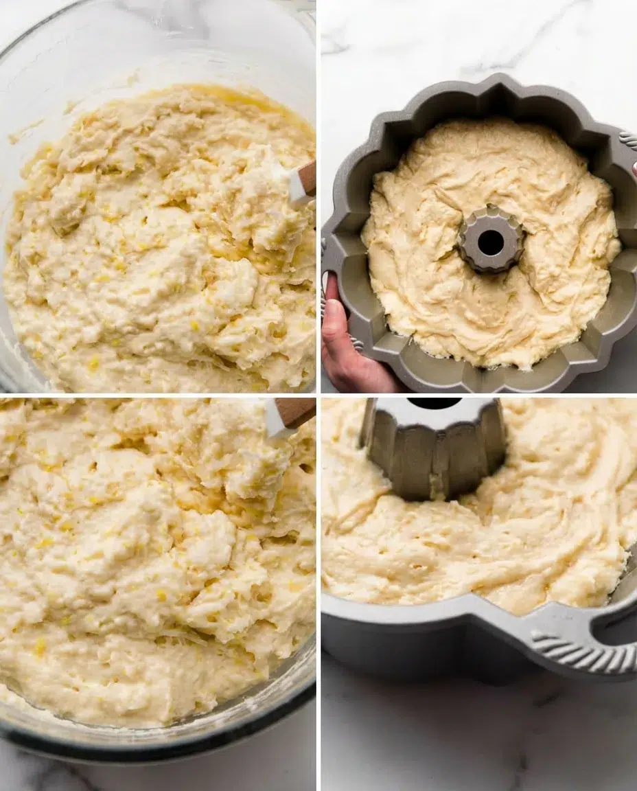 coconut-bundt-cake-batter.jpg split-screen showing lemon-batter in a glass mixing bowl and batter in a fluted bundt pan