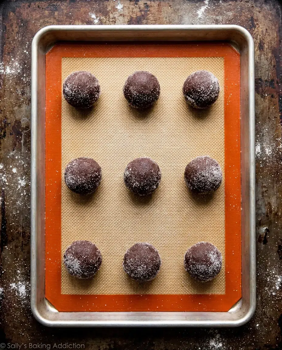 granulated-sugar-coated-chocolate-cookie-dough-balls.jpg Top-down view of nine sugared cookie-dough balls on a red-bordered silicone mat