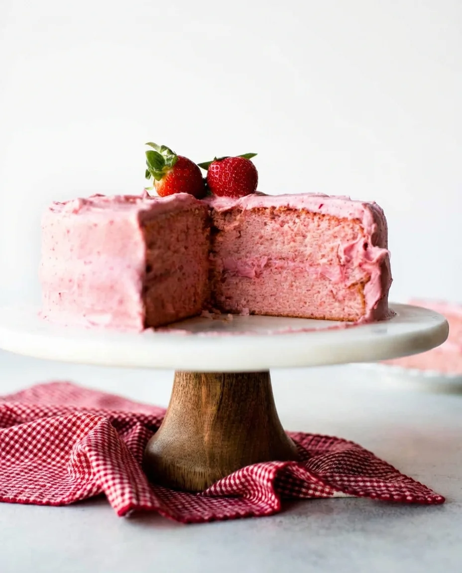 homemade-strawberry-cake-3.jpg pink strawberry layer cake on a white pedestal with two strawberries on top
