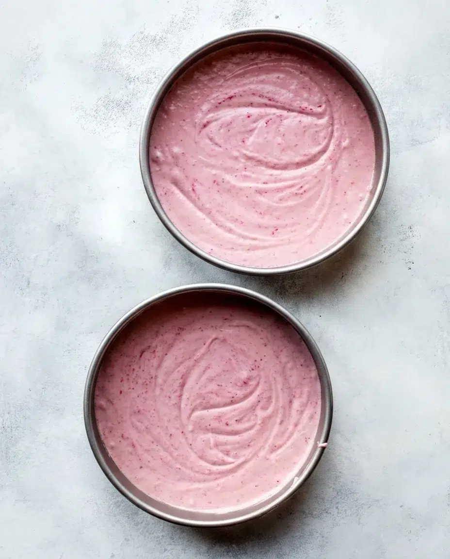 homemade-strawberry-cake-9.jpg Two round metal pans with pink swirled batter on a light gray countertop, pink spatula nearby.