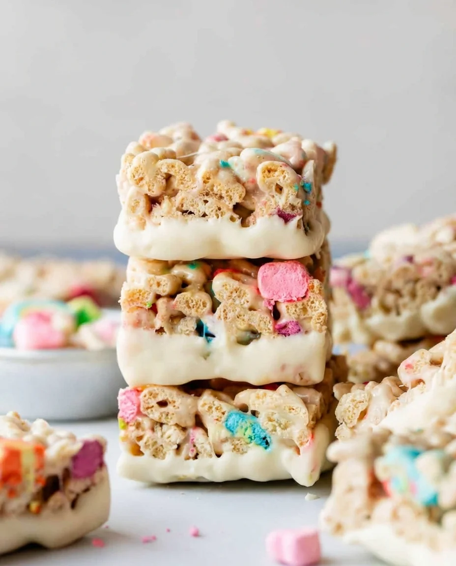 lucky-charms-treats-2.jpg Stacked pastel rice-crispies bars with colorful marshmallows and white coating.