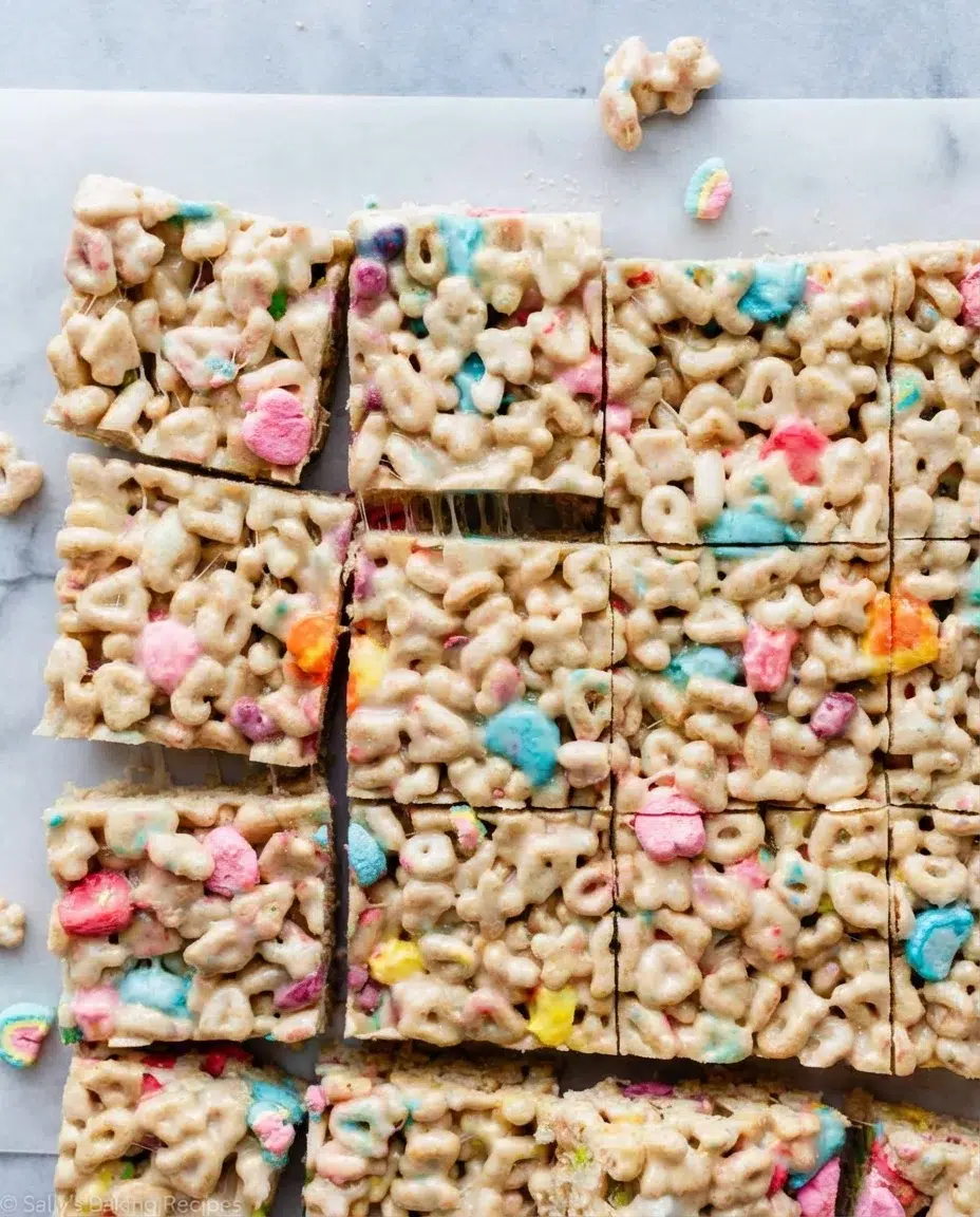 lucky-charms-treats-3.jpg Close-up of pastel-marshmallow-studded cereal bars cut into squares on a blue surface.