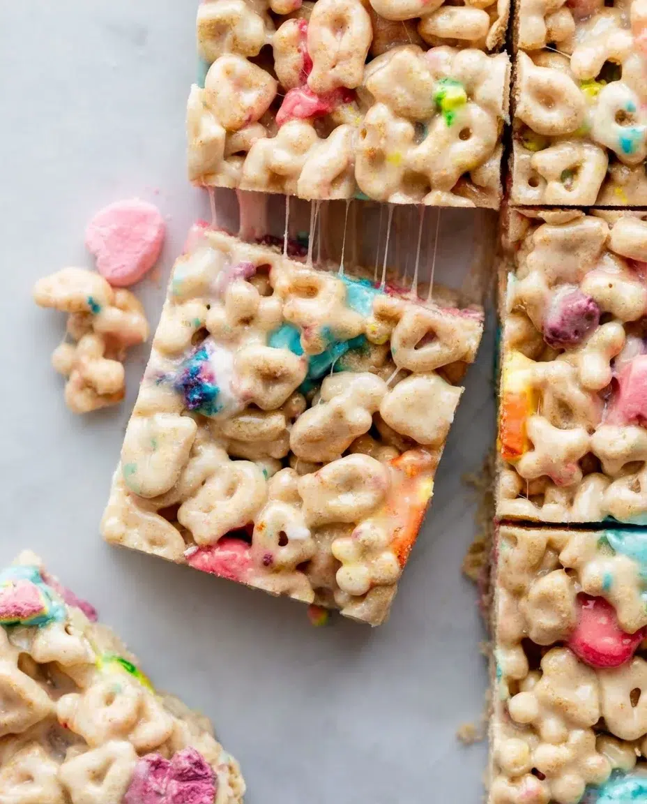 lucky-charms-treats-4.jpg Rectangular pastel Rice Krispies treats stacked on a gray surface, with gooey marshmallow threads.