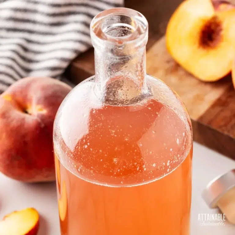 peach syrup in a jar with sliced peach alongside.