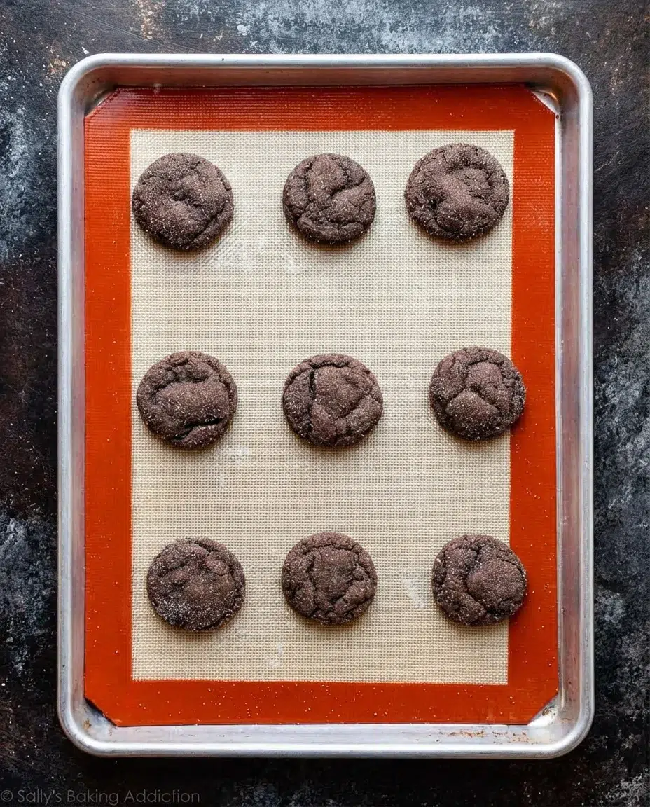 sugar-coated-chocolate-cookies-on-baking-sheet.jpg Nine dark chocolate cookies arranged in a 3x3 grid on a red-bordered silicone baking mat.