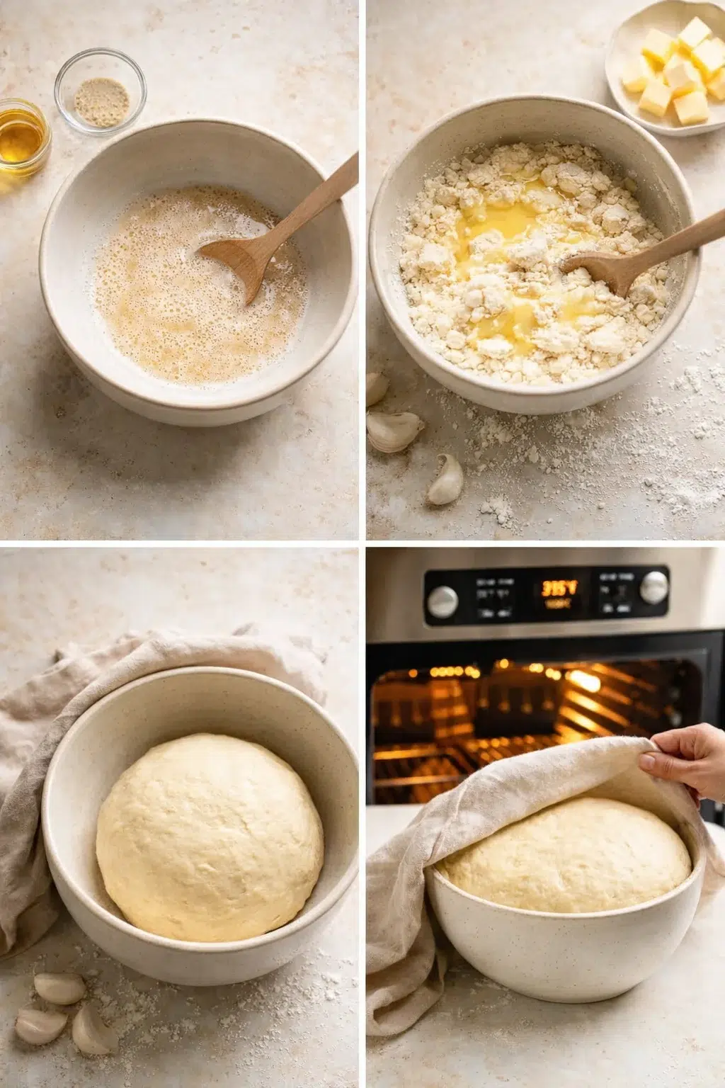 Large bowl with foamy yeast mixture and sticky dough being mixed and left to rise under cloth.