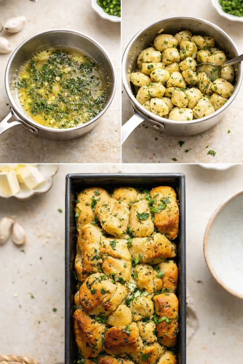 Dough pieces coated in garlic-parsley butter placed tightly into an 8x4-inch loaf pan, ready to bake.