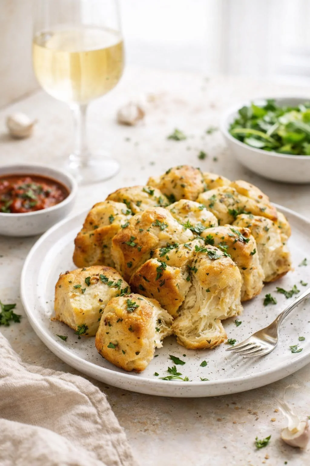 Alternative angle of Pull Apart Garlic Bread served with a pairing