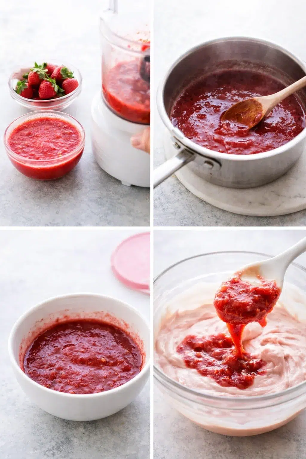 step-process-placeholder-1-4.png Bright red strawberry puree thickening in a saucepan while a bowl cools and batter is mixed
