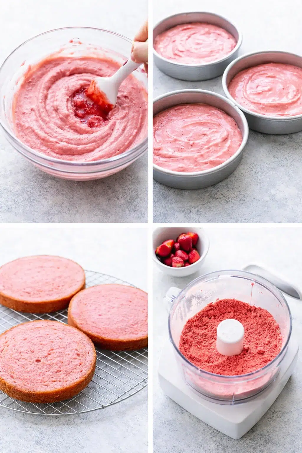 step-process-placeholder-5-8.png Speckled pink cake batter being spooned into prepared pans beside a jar of ground freeze-dried strawberry powder