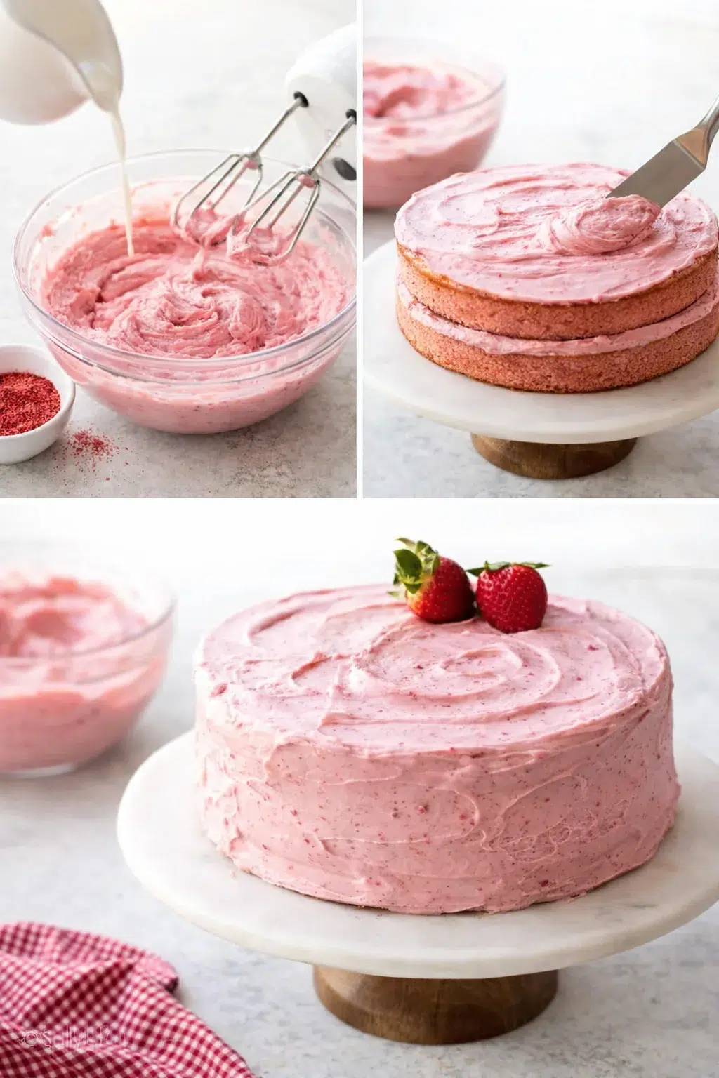 step-process-placeholder-9-11.png Pale pink strawberry cream cheese frosting being spread between and over cooled cake layers with spatula