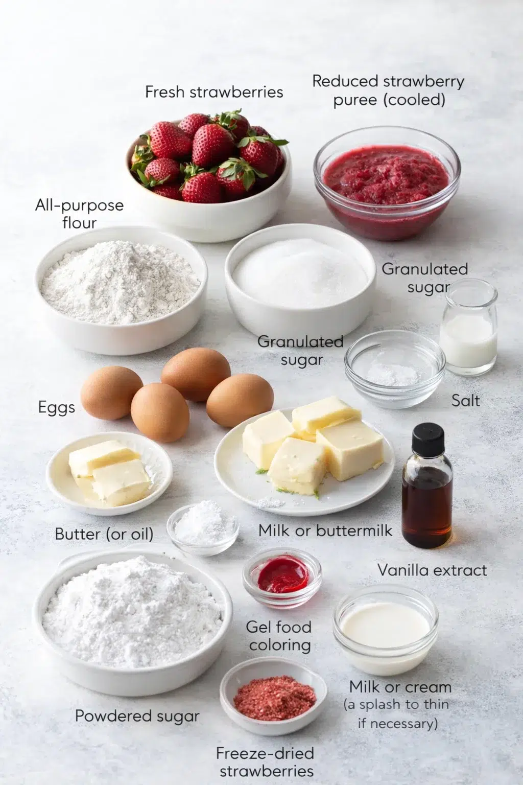 ingredients-placeholder.png Measured ingredients arranged for Homemade Strawberry Cake - Sally's Baking: Fresh strawberries — start with about 1 cup to puree and reduce down to roughly 1/2 cup, Reduced strawberry puree (cooled) — about 1/2 cup afte