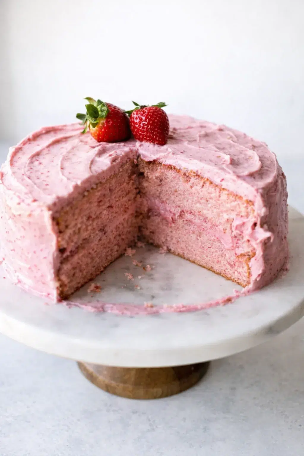 Final plated Homemade Strawberry Cake - Sally's Baking served as a hero shot