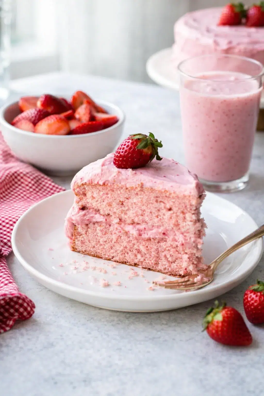 closing_final_dish-placeholder.png Alternative angle of Homemade Strawberry Cake - Sally's Baking served with a pairing